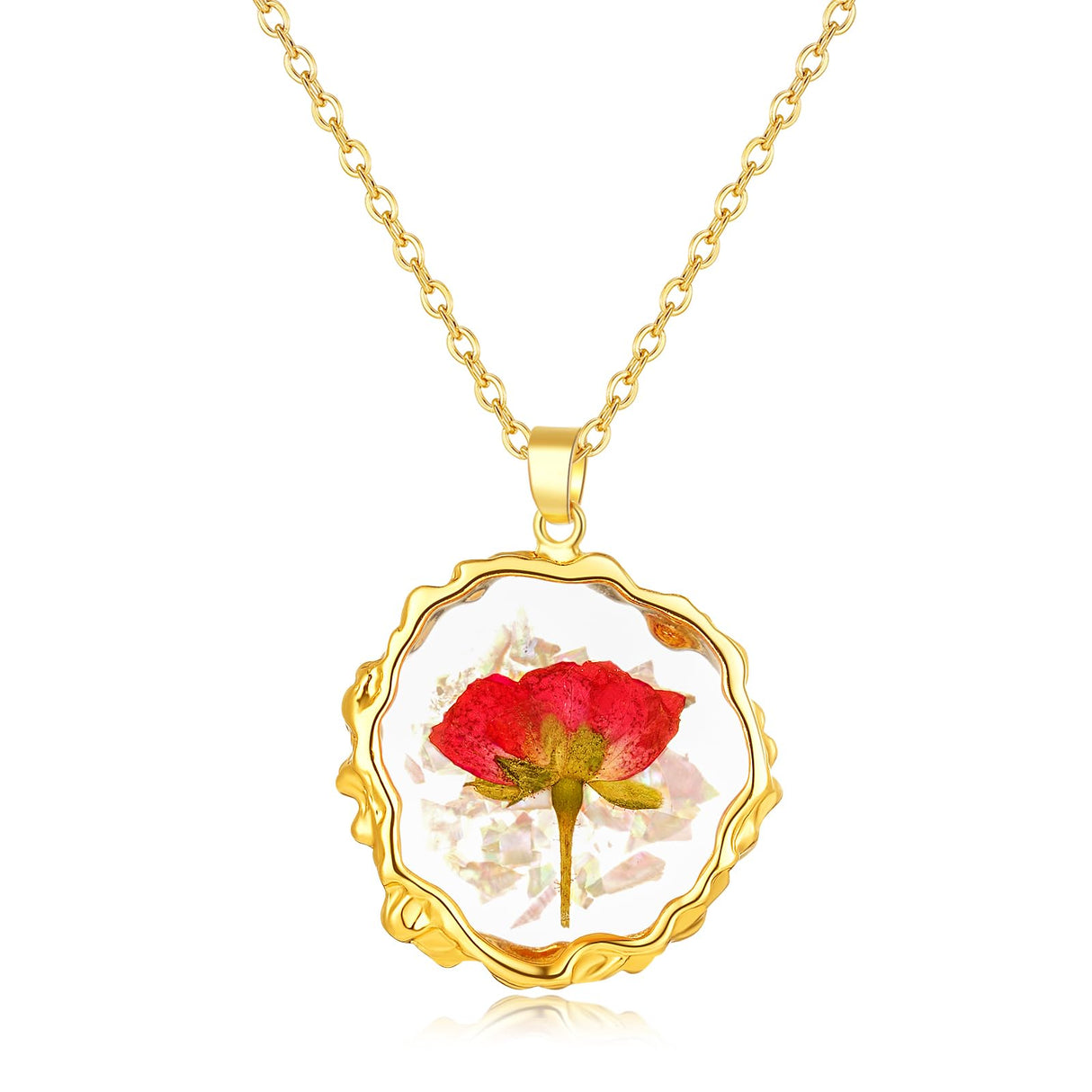 Hefestus Birth Flower Necklaces for Women,June Month Real Pressed Rose Flower Necklace,Boho-Style Personalized Jewelry,Handmade Floral Pendant,Thoughtful Gift for Christmas,Birthday|18" (Gold)