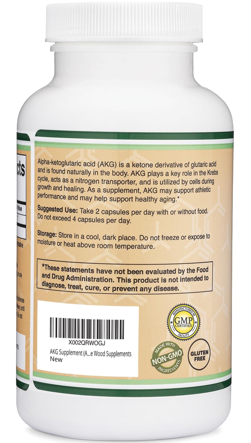 AKG Supplement (Alpha Ketoglutaric Acid) 1,000mg Per Serving (180 Capsules) Different and May Be More Effective Than AAKG (Recently Studied for Healthy Aging Properties) Gluten Free by Double Wood
