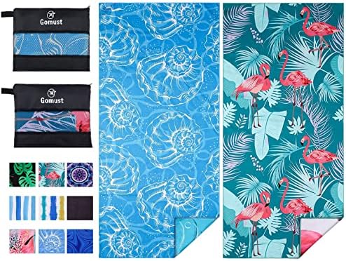 2 Pack Lightweight Thin Beach Towel Oversized 71"x32" Big Extra Large Microfiber Sand Free Towels for Adult Quick Dry Travel Camping Beach Accessories Vacation Essential Gift Blue Shell Flamingo