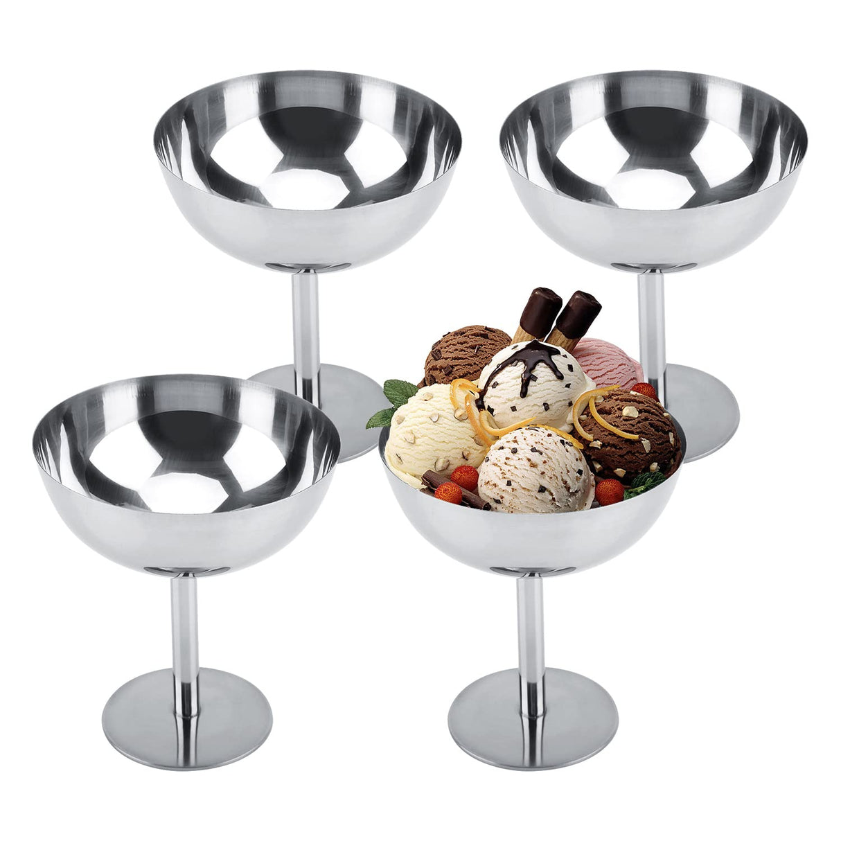Hapivida Ice Cream Cup, 4Pcs Stainless Steel Serving Dessert Bowls Cups Sauce Bowls Mini Round Footed Yogurt Snack Candy Cups for Salad Fruit Pudding Christmas Party