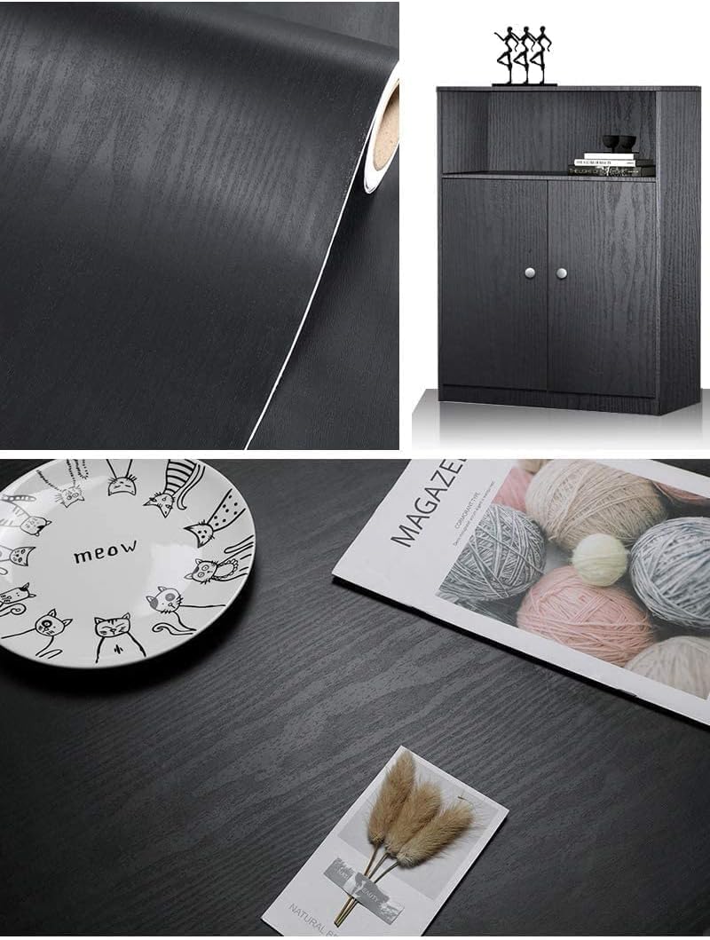 Black Wallpaper - Wood Peel and Stick Wallpaper – Black Wood Self-Adhesive & Removable Wall paper for Countertop Furniture Kitchen Wall, Countertop Contact Paper, Easy to Clean, 17.7 ''×590 '' Vinyl