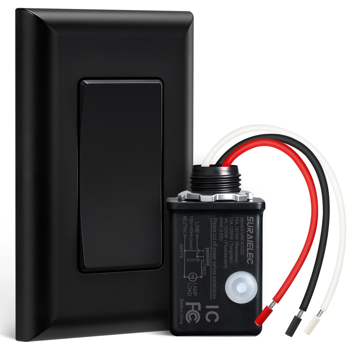 SURAIELEC Wireless Light Switch and Receiver Kit Black, 15A High Power, No Wiring No Interference, 100ft Range, Expandable Remote Control Wall Switches for Lamp, Ceiling Light, Fan, Outdoor Lighting