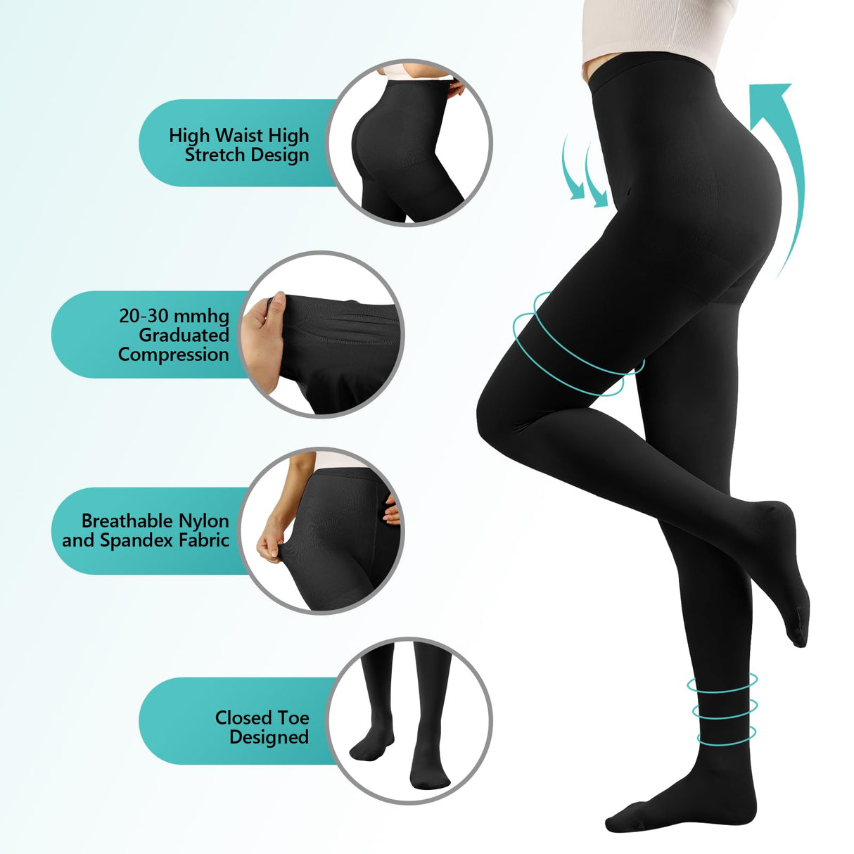 Compression Pantyhose Stockings for Women Men, 20-30 mmHg Medical Graduated Support Opaque Closed Toe Hose Tights