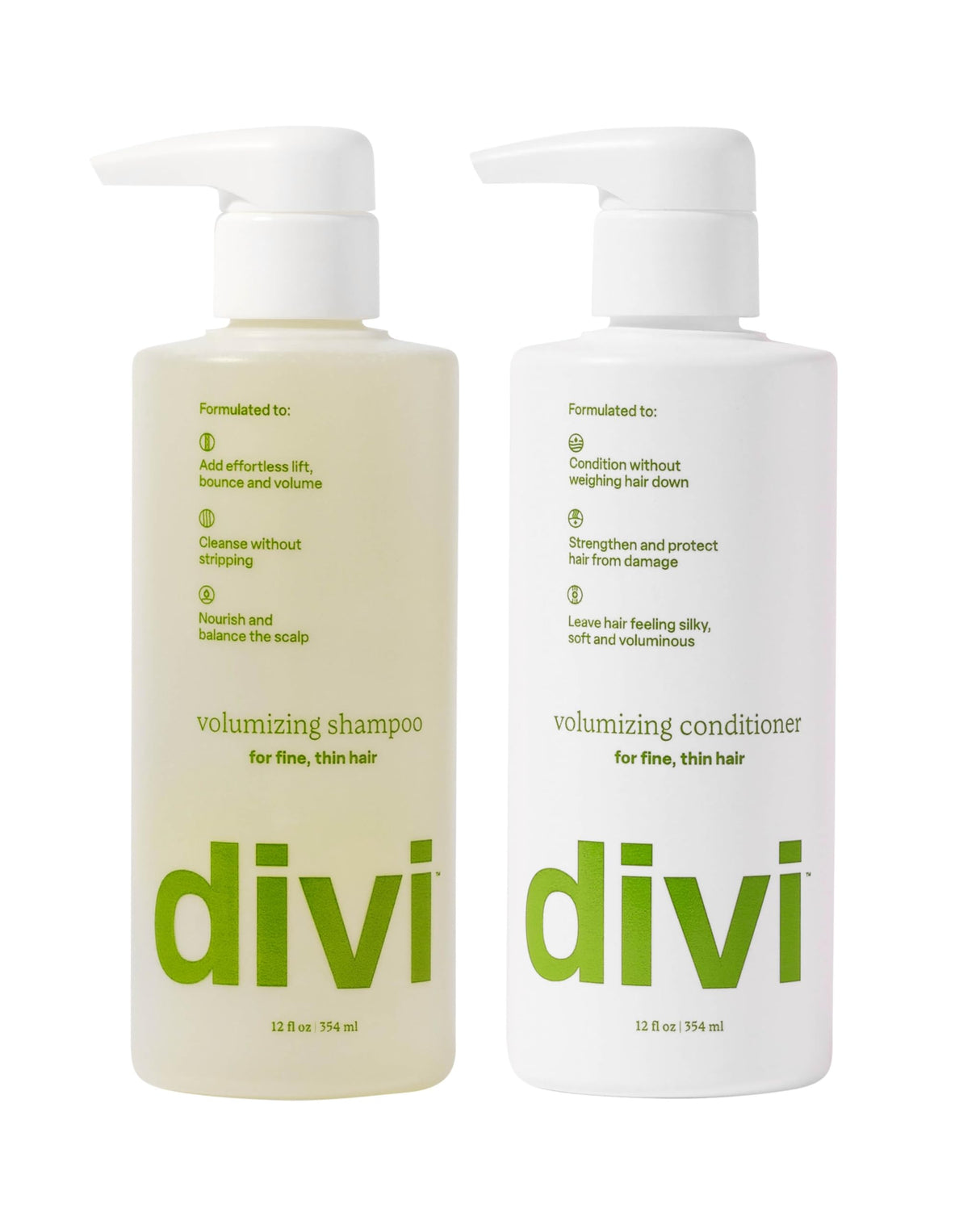 Divi Volumizing Shampoo and Conditioner Set for Women and Men - Lightweight Hair Care Duo for Fine and Thinning Hair - Adds Volume, Lift, and Bounce - Strengthens and Nourishes Hair, 2 x 12 Fl Oz