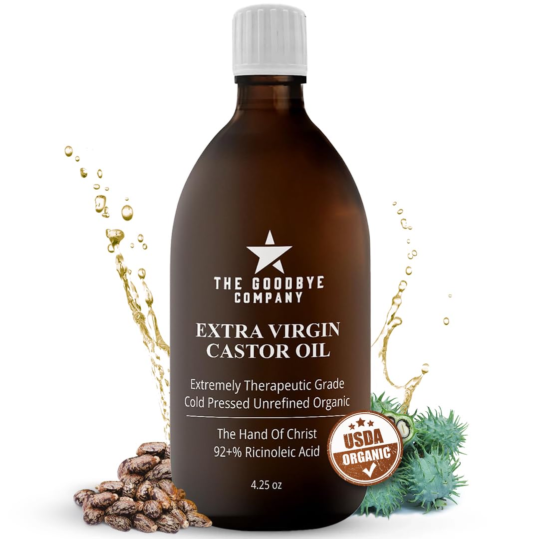 The Goodbye Company Organic Castor Oil – 4.25oz – 100% Pure, Cold-Pressed & Unrefined – Hexane-Free – Nourishing Oil for Healthy Skin, Hair Growth & Eyelashes (120mL)