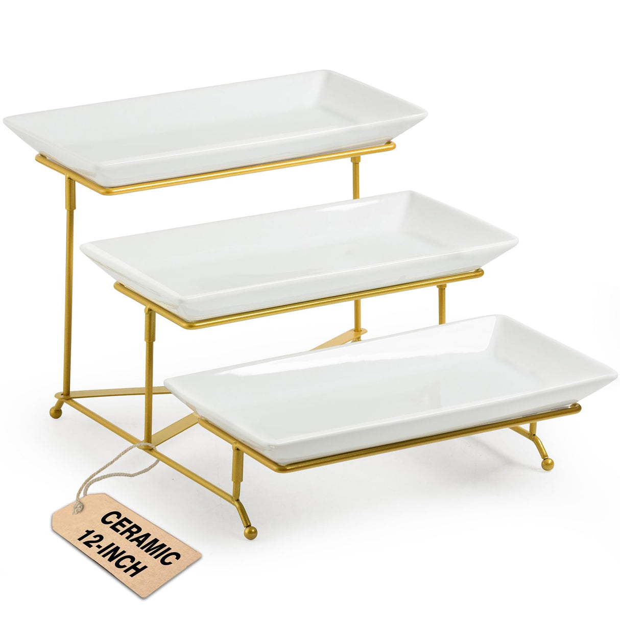 LAUCHUH 3 Tier Serving Stand Porcelain Serving Platter Tier Serving Trays with Collapsible Sturdier Rack, Serving Dishes and Platters for Thanksgiving, Christmas, Entertaining, Gold, 12 Inch