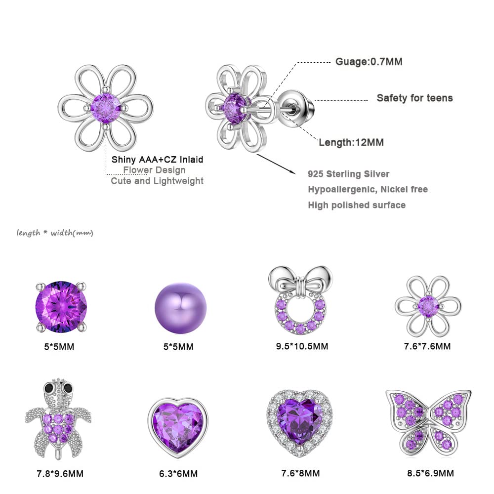 TOPBRIGHT 8 Pairs Hypoallergenic Earrings 925 Sterling Silver Stud Earrings Purple Heart CZ Tiny Butterfly For Kids, Toddlers, Little Girls, Teens, Women