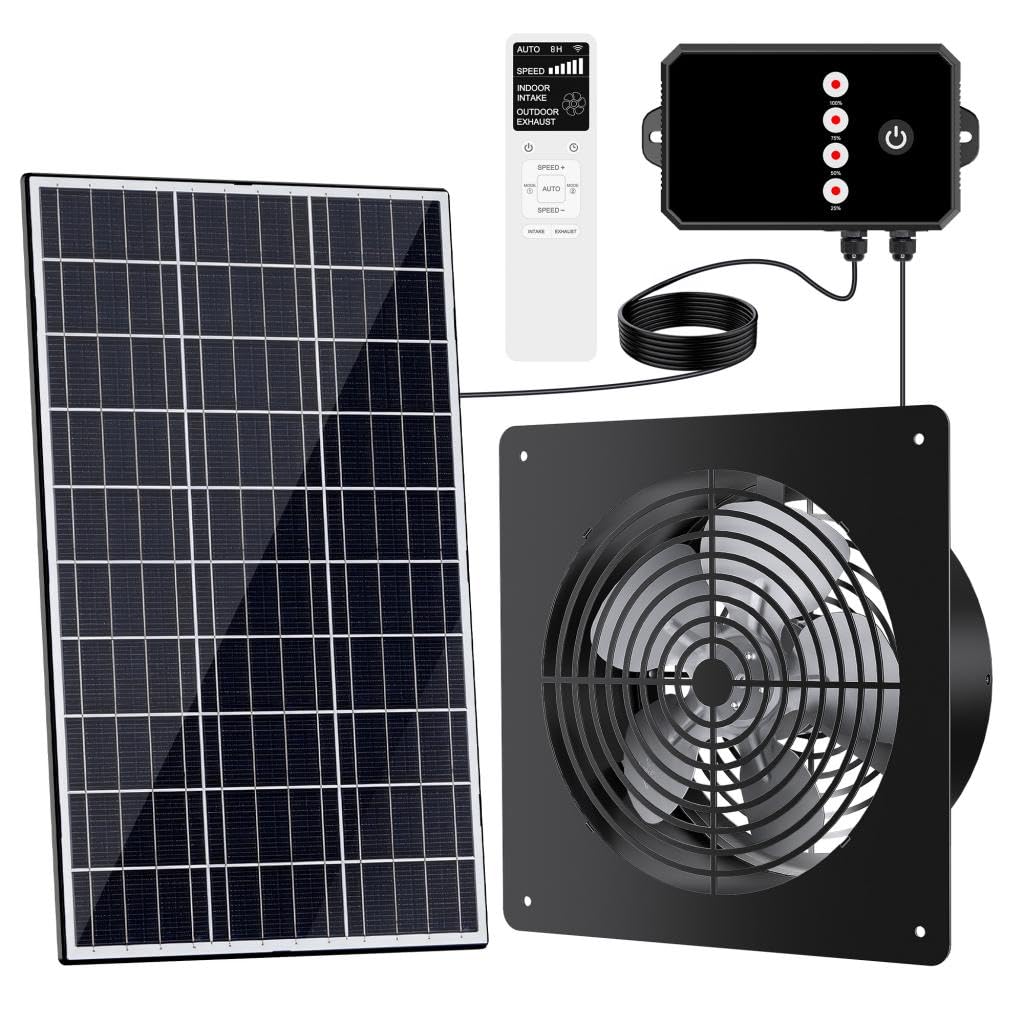 Teflever 15W Solar Powered Fan with Reversible Airflow - Intake & Exhaust, Programmable Remote Control with Timer, Aluminum Fan for Chicken Coop, Greenhouse, Shed, Pet House