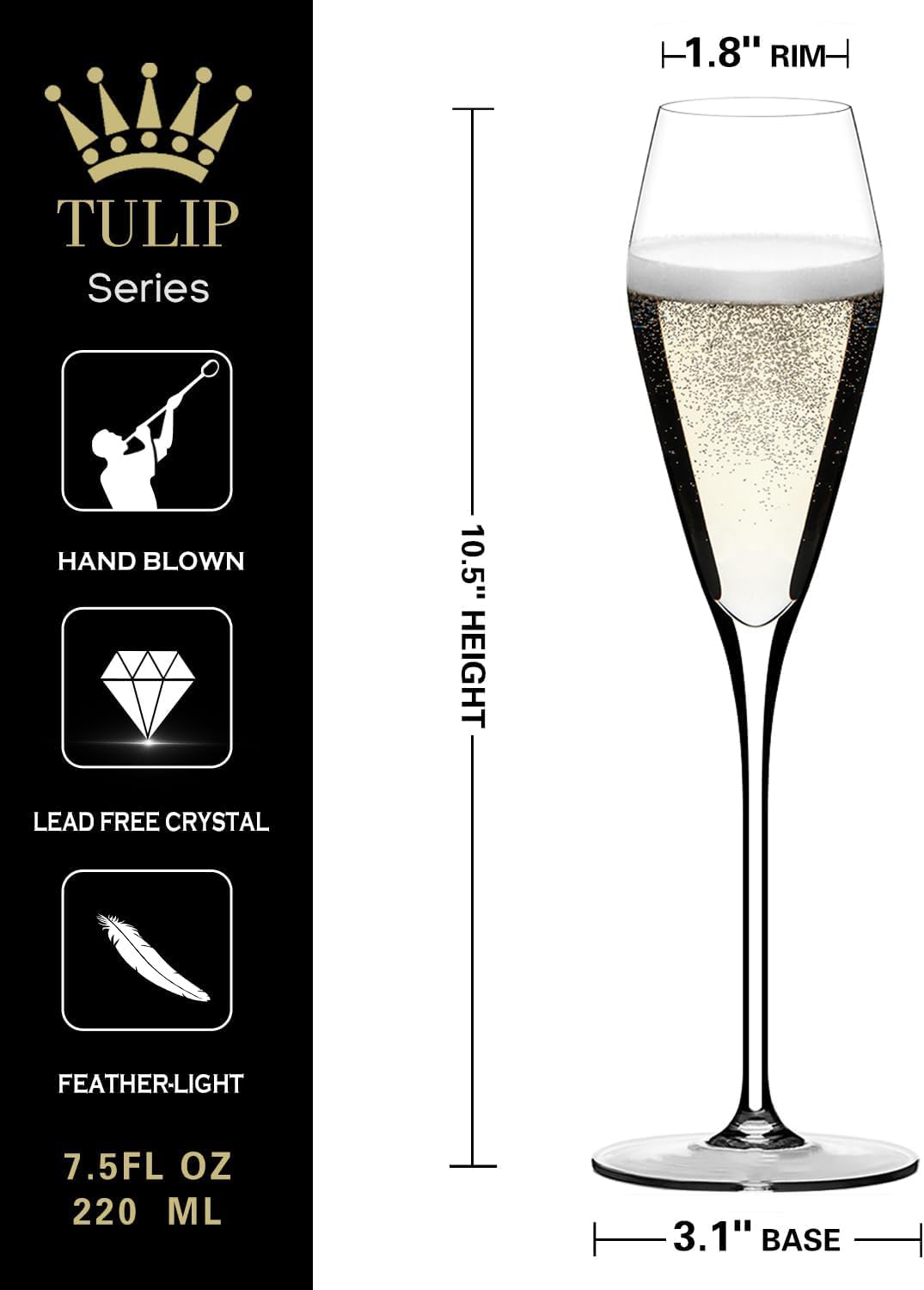 Champagne Flutes Glasses Set of 4, Hand Blown Crystal Wedding Flutes Glass, Ideal for Weddings, Anniversaries, Christmas, Special Days, 10.5 inch, 7.5 oz, Clear