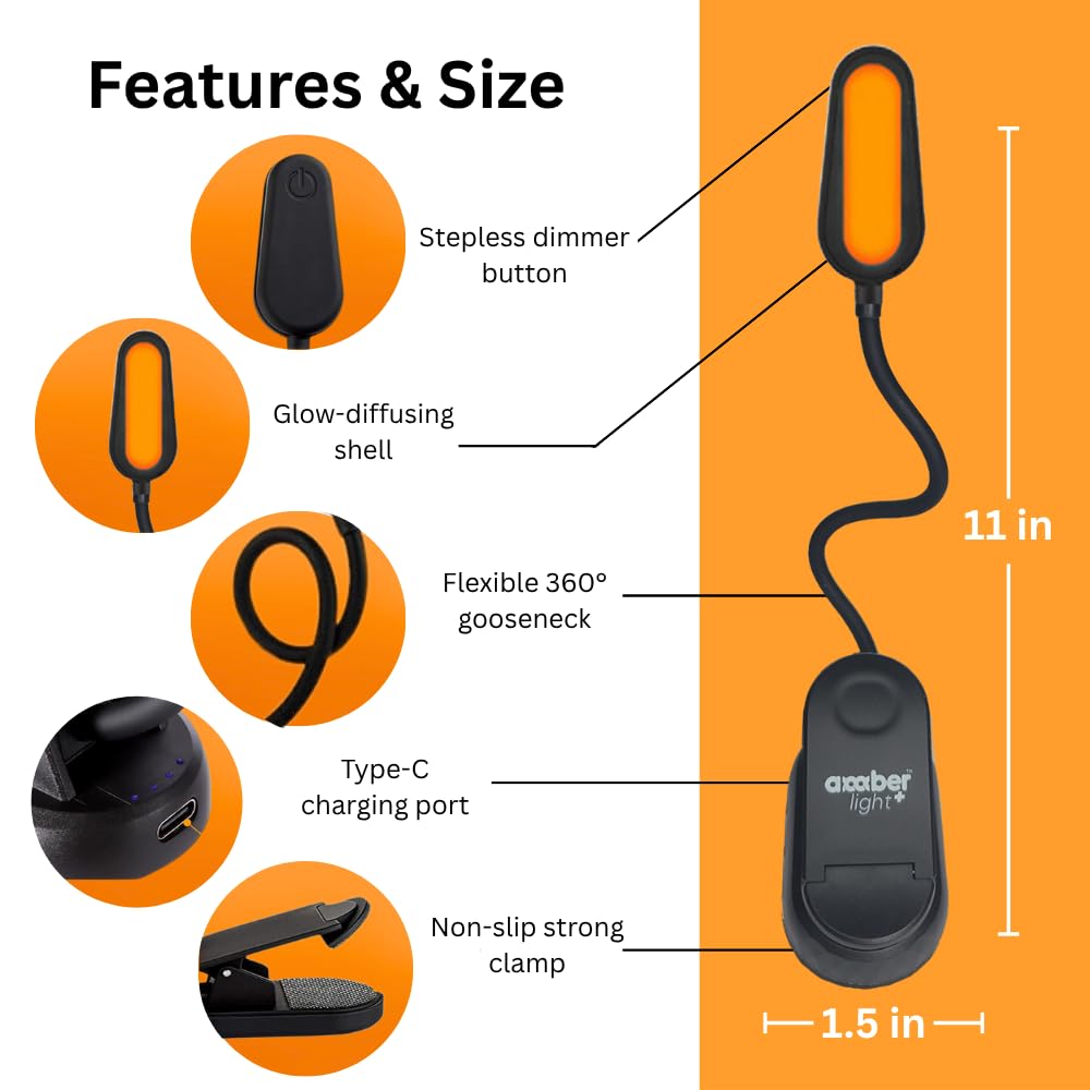 Amber Light + Giftable Amber Book Light - Blue Light Blocking - Night Reading Booklight Store. Rechargeable. 1600K for Reading in Bed at Night. Perfect as a Giftable Kindle Light and LED Book Light.