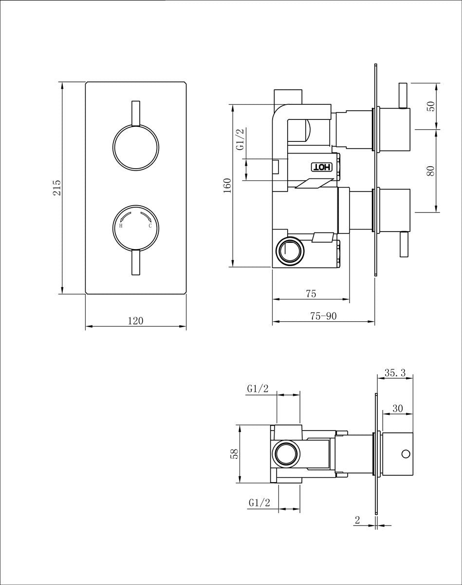 Valla Single Shower Thermostatic Valve | Concealed Round Controls | Chrome Plate | Single Outlet