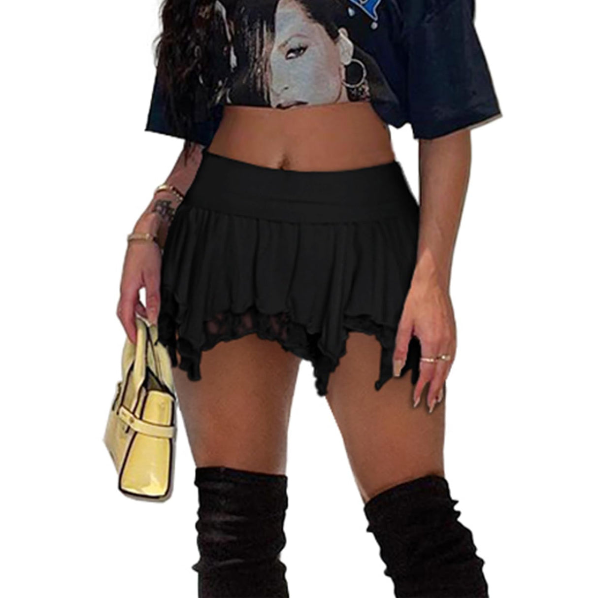 Women's Lace Christmas Short Skirt Sexy Y2K Solid Low Waist Patchwork Flowy Ruffle Pleated Mini Skirts Streetwear Black L