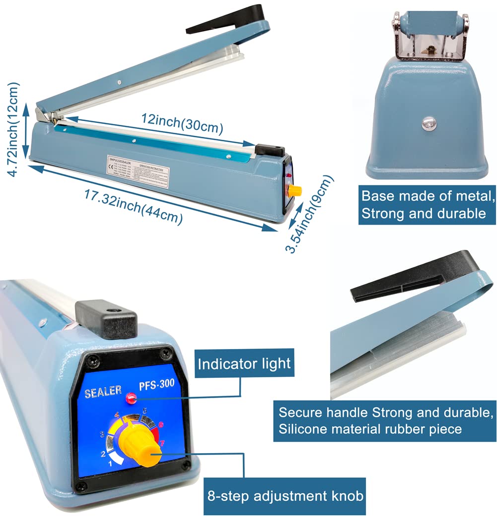 Impulse Heat Sealer 12 Inch 5mm Mylar Bag Sealer Heat Seal Machine, 110v Manual Heat Sealer for Plastic/Poly/Cookie Bags, 8 Replacement Parts & Teflon Cloth Strip(2 Round Cutter Lines Included)