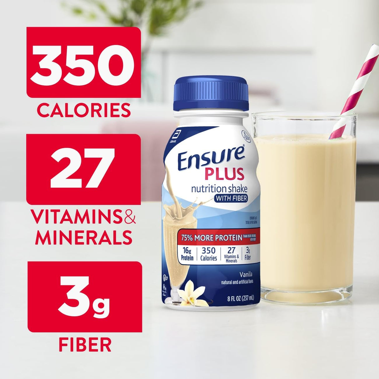 Ensure Plus Vanilla Nutrition Shake With Fiber | Meal Replacement Shake | Ready to Drink | 16g Protein and 27 Vitamins and Minerals | 8 fl oz - 24 Pack