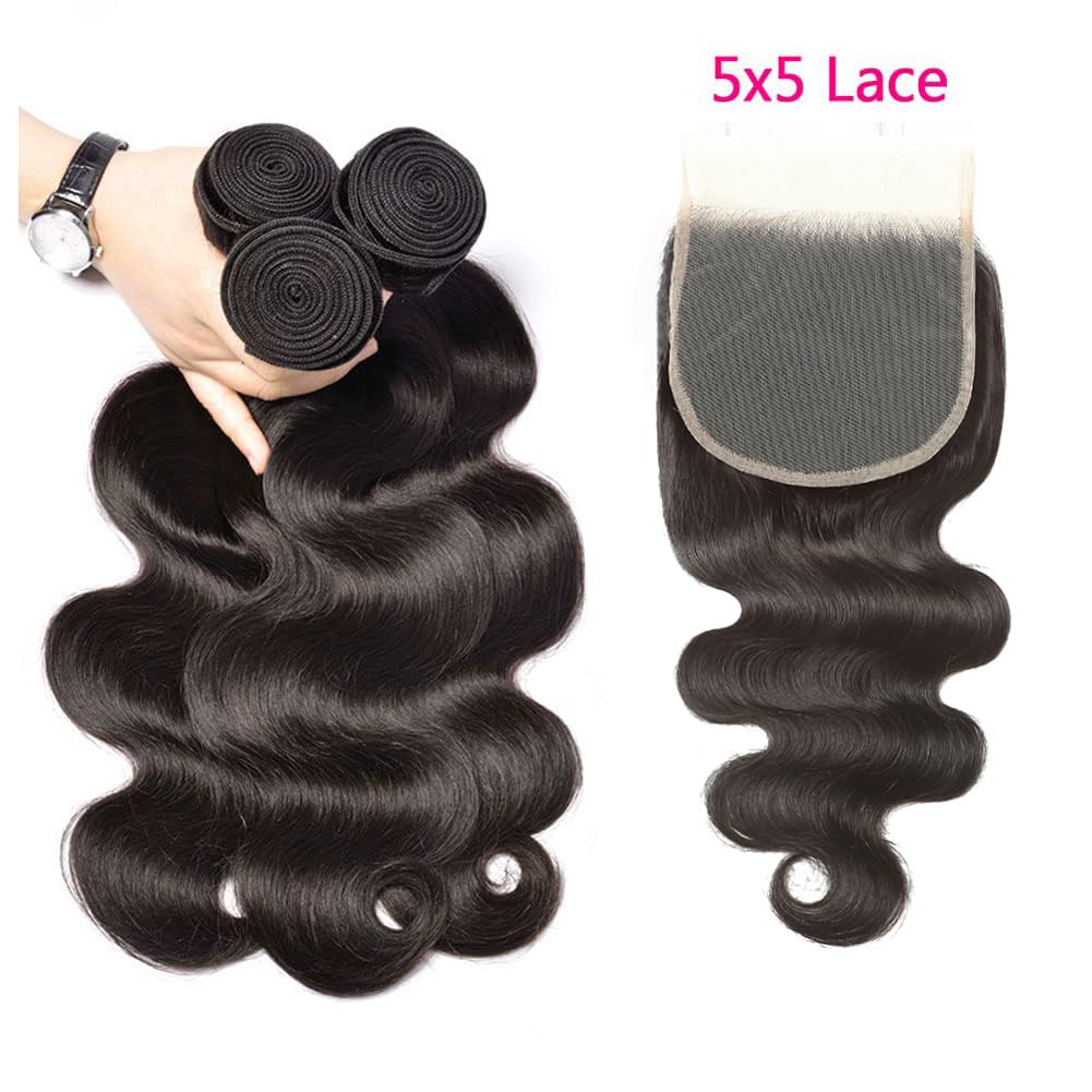 18 20 22 Inch Body Wave Bundles with Closure (16 Inch 5x5 HD Lace Closure) Human Hair Brazilian 3 Bundles with Closure Unprocessed Virgin Human Hair Free Part