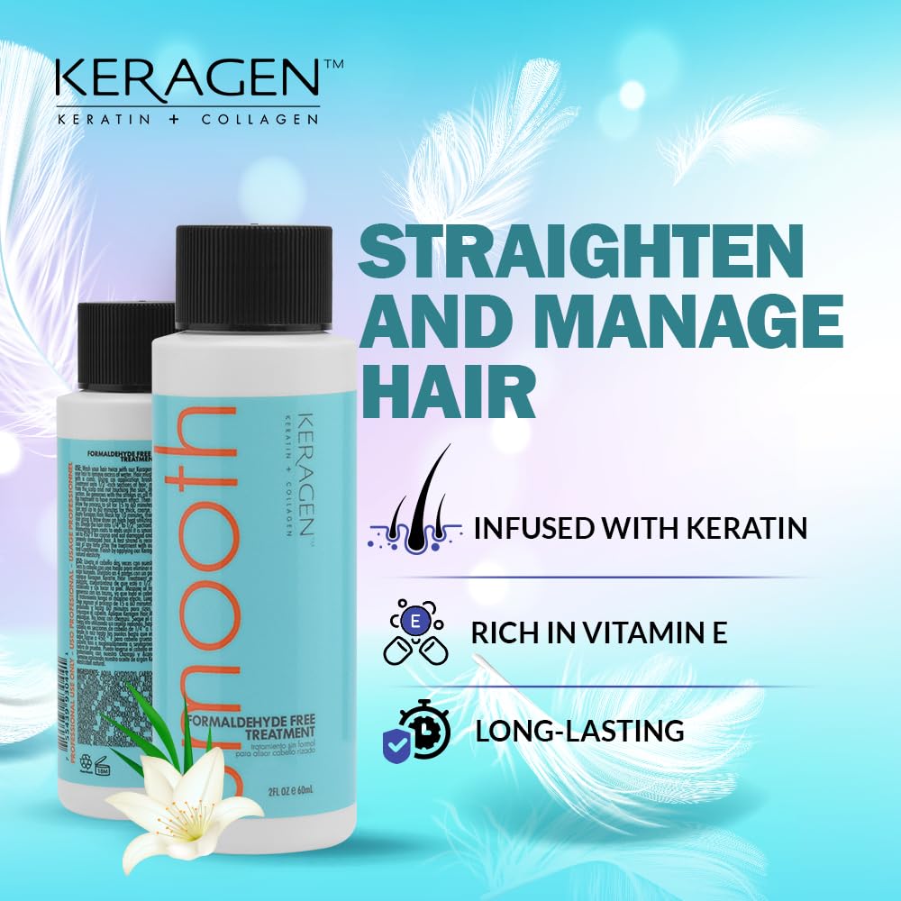 Keragen - Brazilian Keratin Smoothing Treatment, Blowout Straightening System for Dry and Damaged Hair, Formaldehyde Free, 2 Oz - Eliminate Curls and Frizz, Fine to Medium Hair