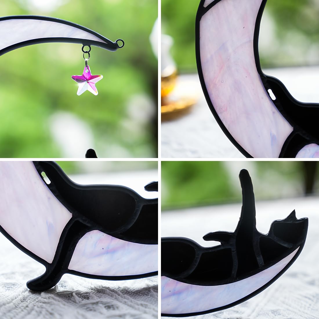 BOXCASA Black Cat Stianed Glass Suncatcher for Windows, Witchy Cat Gifts