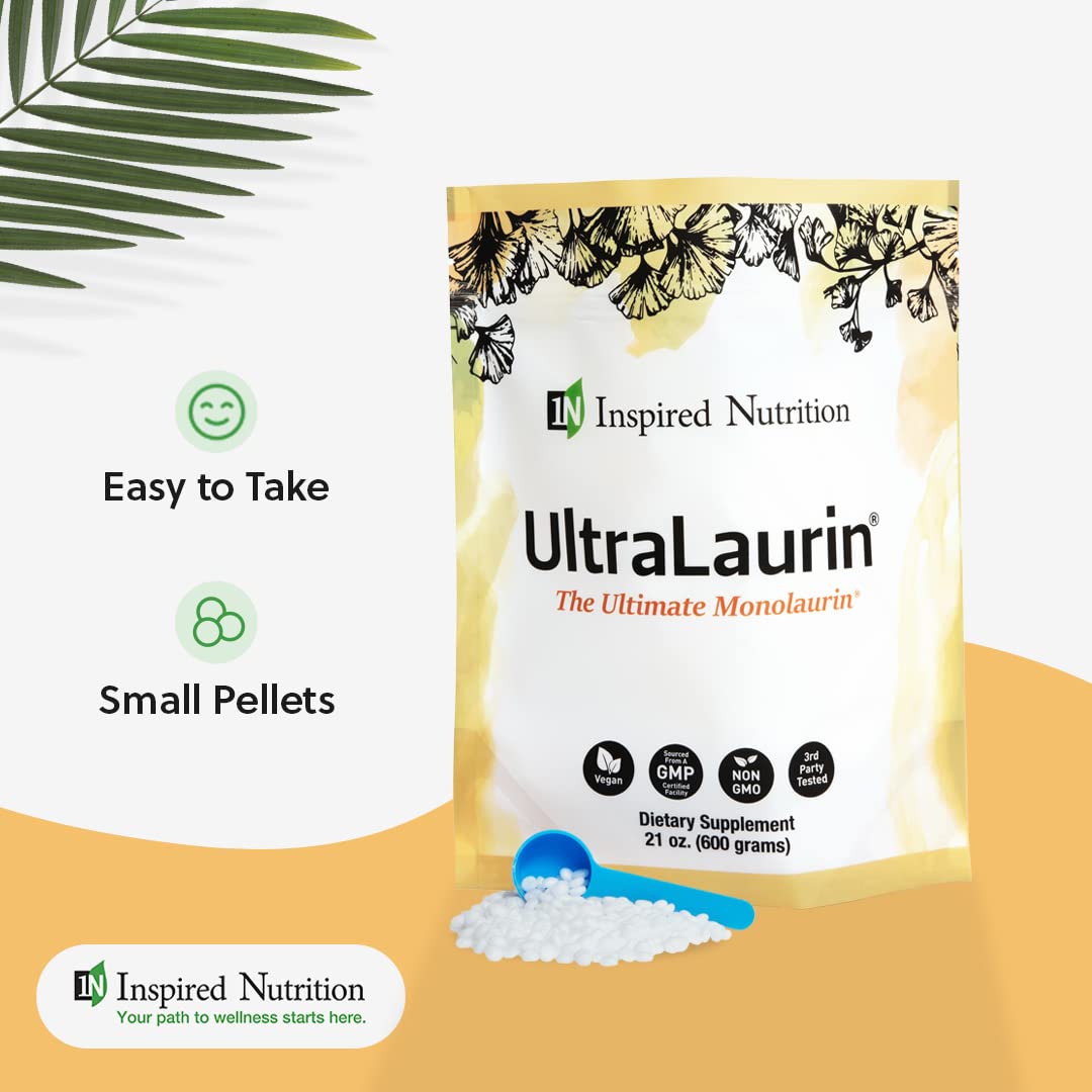 Inspired Nutrition UltraLaurin ® Monolaurin Supplement for Immune Support and Gut Health - Monolaurin Pellets - 21oz - 200 Servings, 3000 mg Each