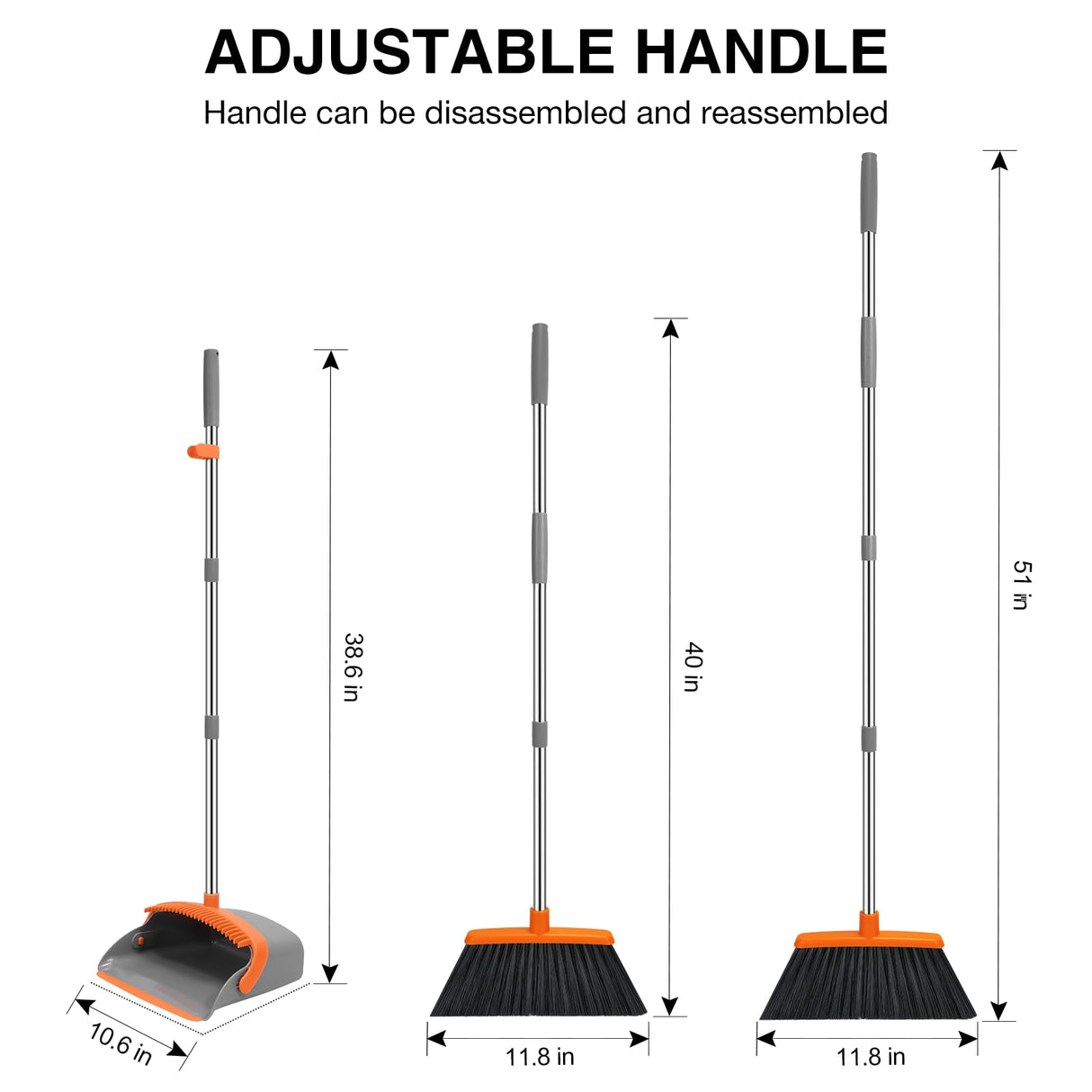 NACENA Broom and Dustpan Set, 52-in Long Adjustable Handle Broom Dustpan Combo with Dustpan Teeth to Automatically Clean Hair Suitable for Home Kitchen Office Hall Floor(Grey&Orange)