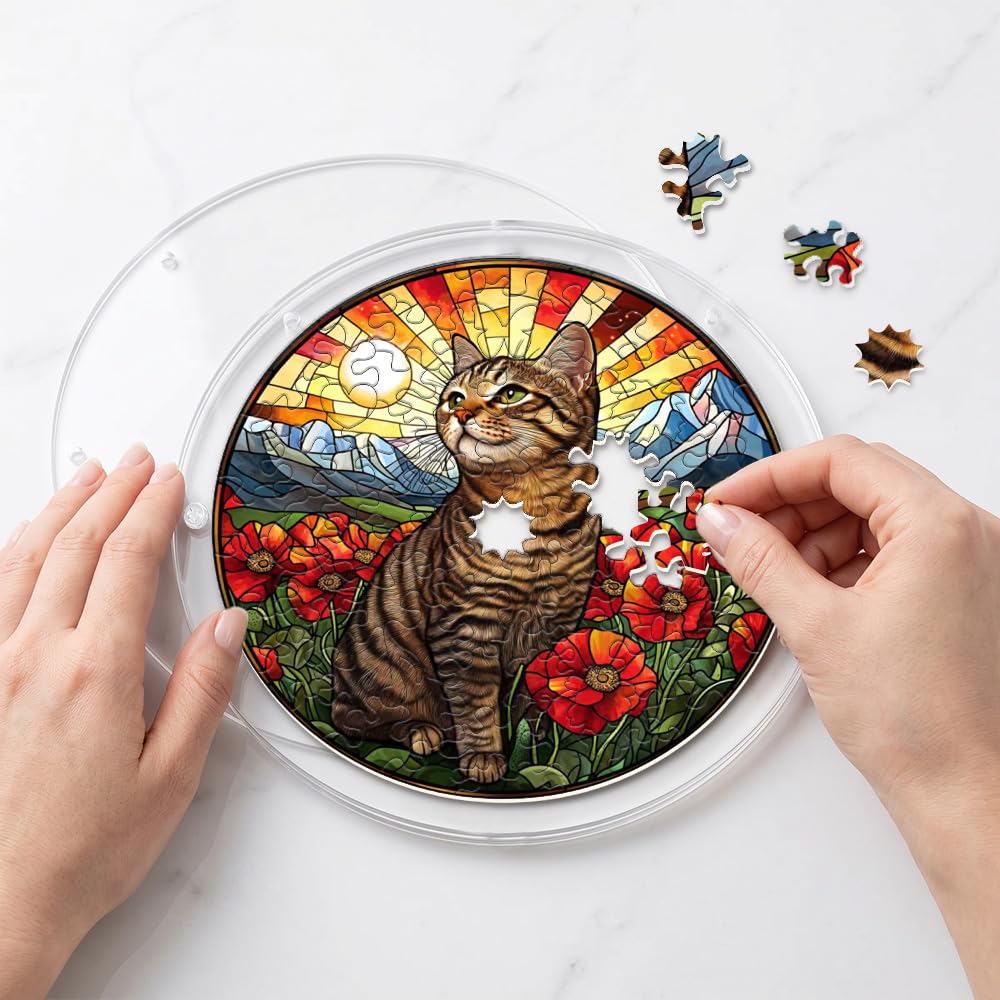 zhuoyaju Acrylic Puzzle Suncatcher, Cat & Flower Stained Glass Window Hanging, Sun Catcher Puzzle Kit Home Garden Decor, Creative Mothers Day and Birthdays Gifts for Mom, Wife, Sisters, 7.87 inch