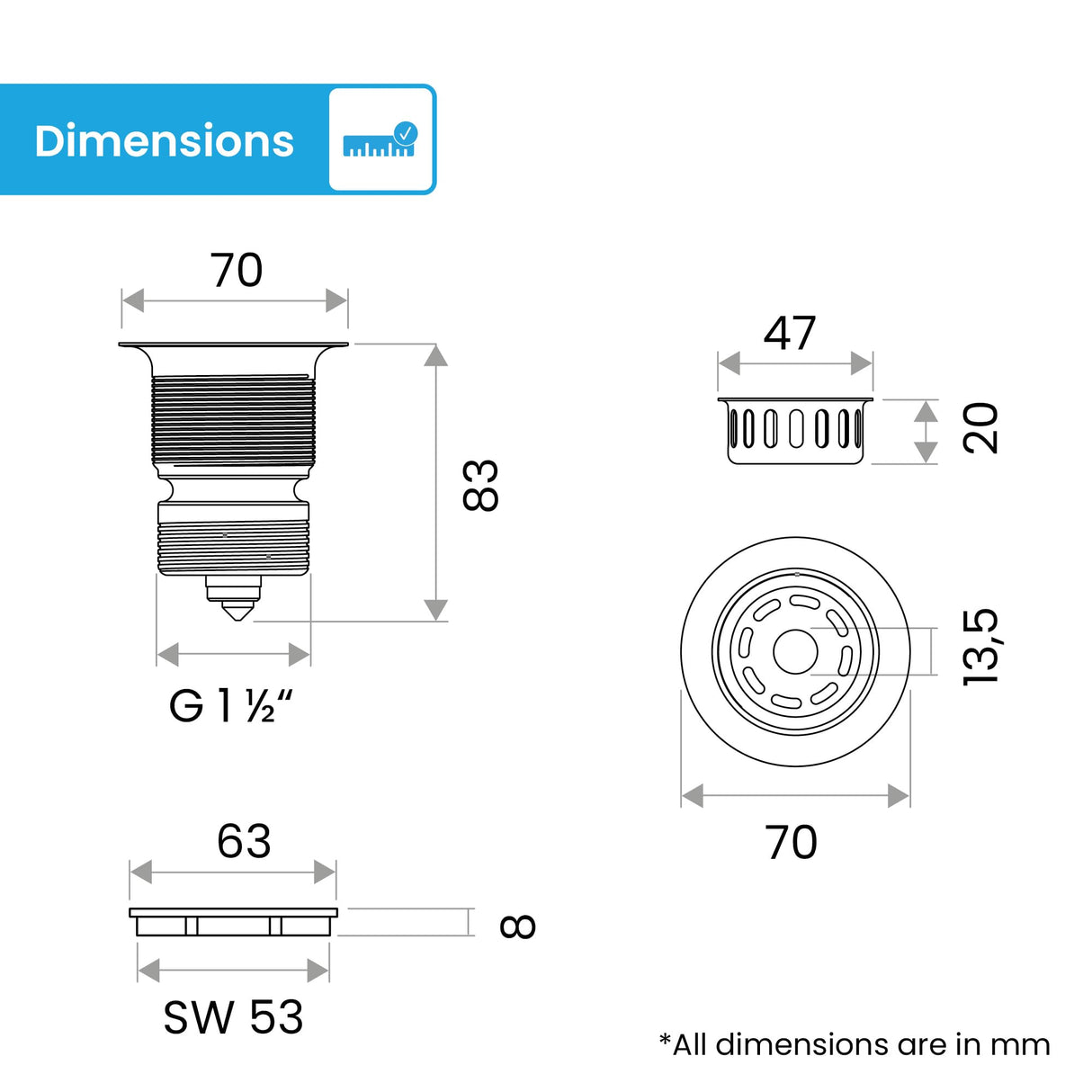 Bächlein Pop-Up Drain Fitting for the Sink, Diameter 70 mm without Overflow, Kitchen Sink, Polished Stainless Steel, Strainer Basket Valve, Basket Valve