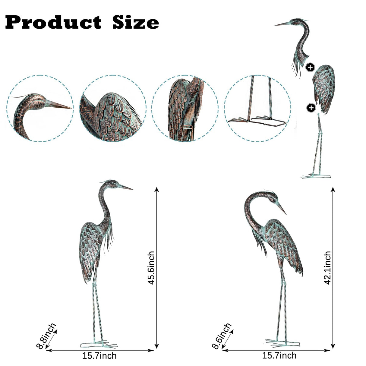 Kircust Garden Crane Statues, Standing Metal Patina Heron Decoy Weather-Resistant and Rustless Outdoor Statue, 42-46 Inch Bird Yard Art for Patio Lawn Pond, Set of 2