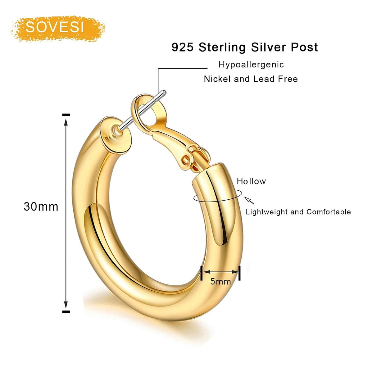 sovesi Chunky 14K Gold Plated and Silver Thick Hoops Earrings Set 30mm