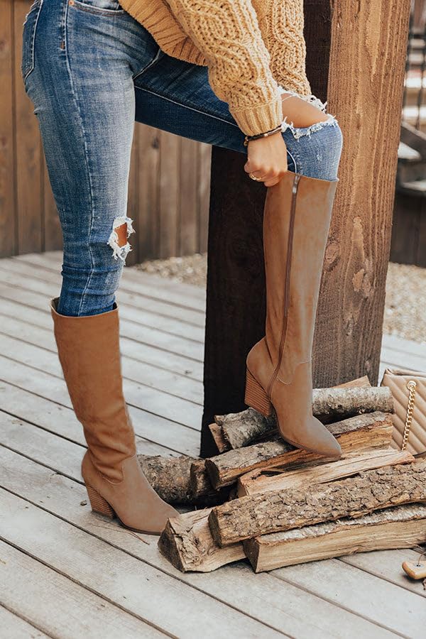 MeiLuSi Fall Boots for Women 2025, Knee High Tall Suede Boots Brown Slouchy Shoes Fashion Long Christmas Shoes Chunky High Heel Size 8 tan
