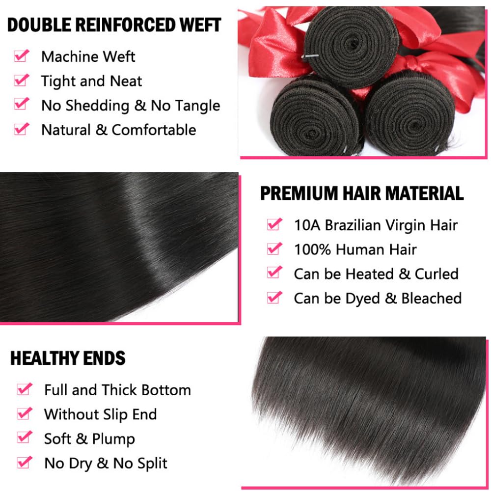 10A Human Hair Bundles 20 22 24 Inch Brazilian Straight Hair 3 Bundles 100% Unprocessed Virgin Raw Remy Human Hair Weave Natural Black