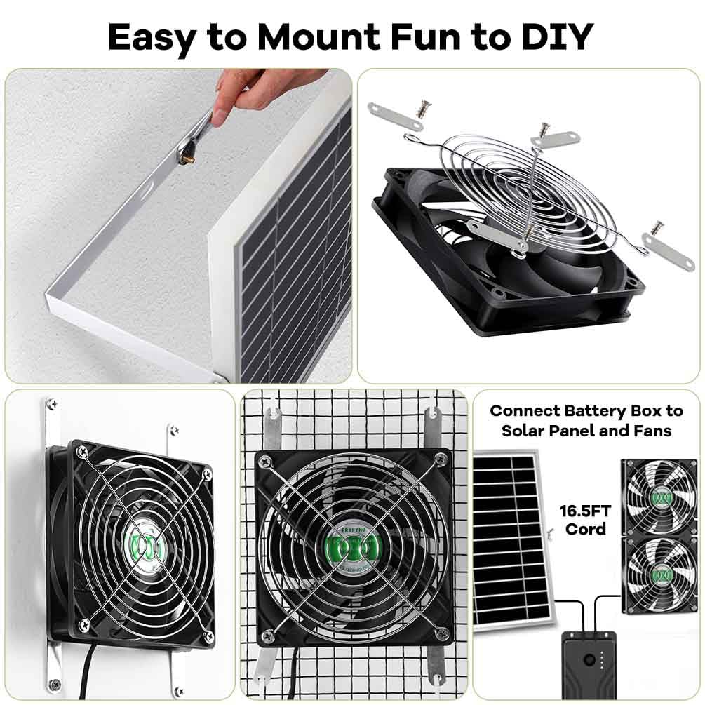 erifyng Solar Powered Fan with Battery, Rechargeable Solar Fan for Chicken Coop, Greenhouse, Shed, Outside with Two IPX7 Waterproof Exhaust Intake Fans 16.5Ft On/Off Switch Cable