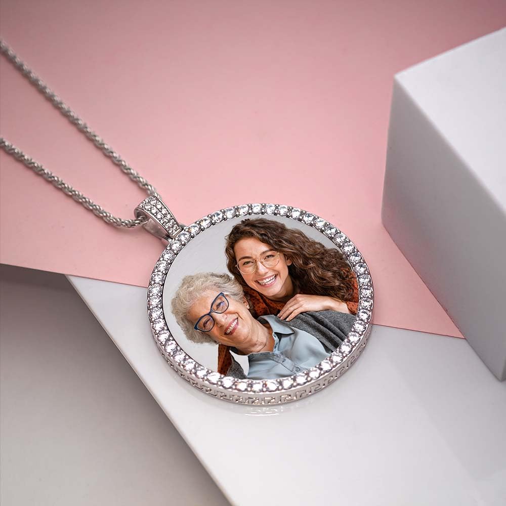 XL Photo Engraved Cubic Zirconia Pendant Necklace (Stainless Steel)