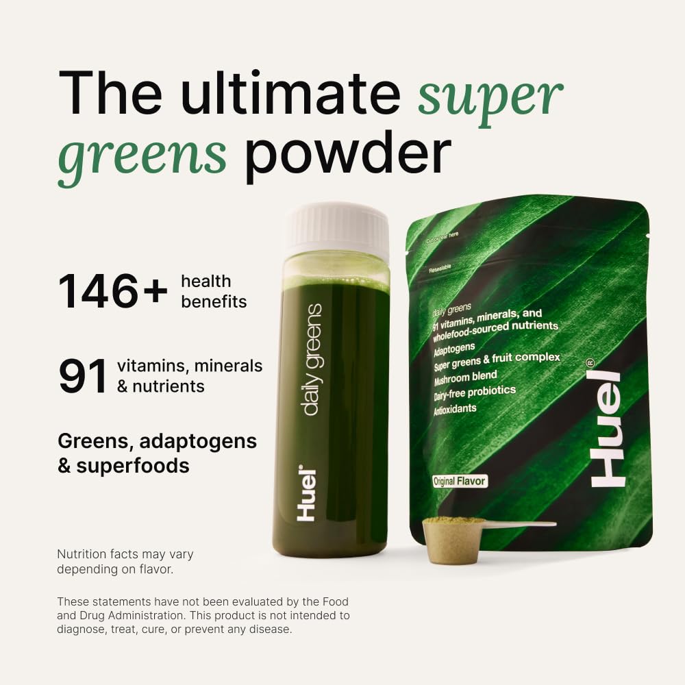 Huel Daily Greens | Superfood Greens Powder | 91 Vitamins, Minerals, and Wholefood-Sourced Ingredients | Adaptogens, Antioxidants, Gut-Friendly Probiotics | 30 Servings