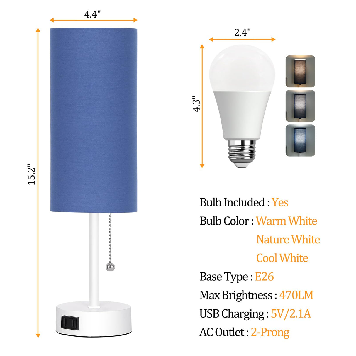 Dott Arts Table Lamp for Bedroom, 3-Color Bedside Lamps with Pull Chain, Bedroom Table Lamps for Nightstand,AC Outlet Small Lamp for Living Room, Bulb Included Blue