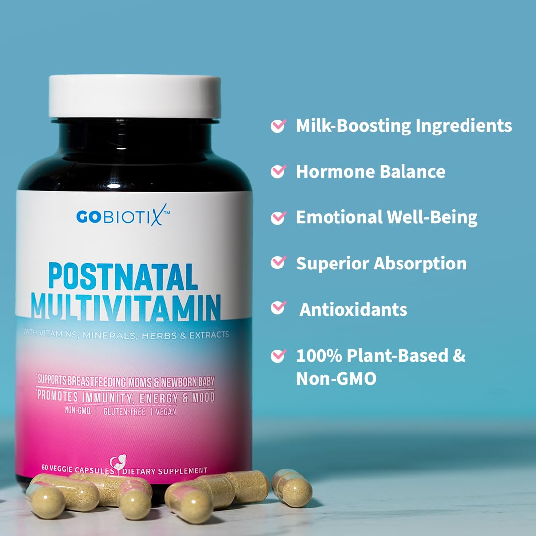 GOBIOTIX Postpartum Vitamins for Breastfeeding Moms - Postnatal Lactation Supplement with Organic Herbs, Minerals, Nutrients for New Mothers and Baby - Postpartum Essentials, Non GMO, Vegan, 60 Caps
