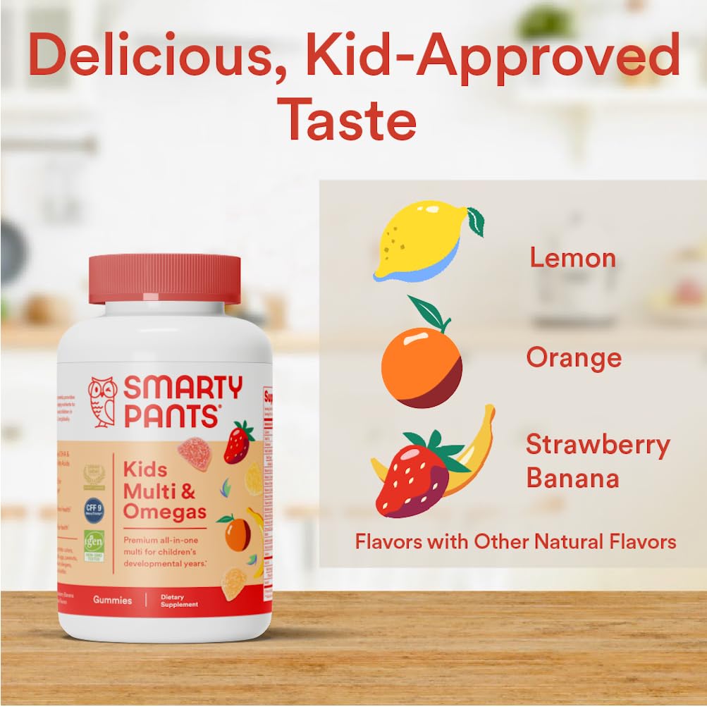 SmartyPants Kids Multivitamin Gummies: Omega 3 Fish Oil (EPA/DHA), Vitamin D3, C, Vitamin B12, B6, A, K & Zinc for Immune Support, Biotin, Gluten Free, Three Fruit Flavors, 90 Count (22 Day Supply)