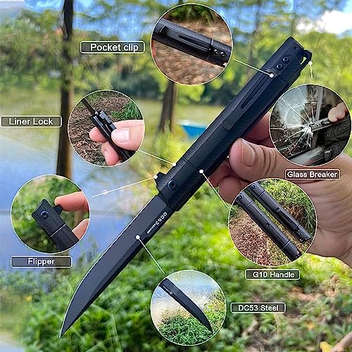 Flipper Pocket Folding Knife,DC53 Steel Blade and G10 Handle. With pocket clip and glass breaker,men's pocket knife hiking trip EDC tool Knife (Black PVD Blade-D)