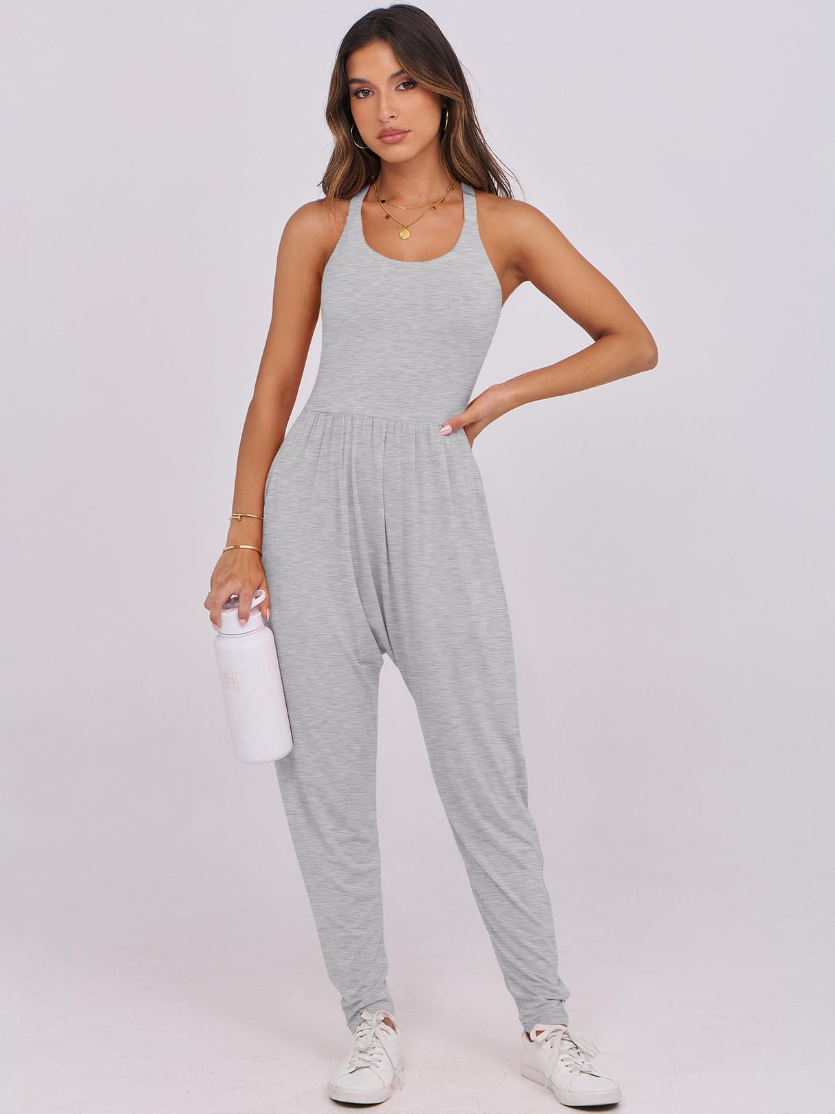 Caracilia Women Jumpsuits 2025 Summer Sleeveless Backless Tank Top Rompers Yoga Gym Workout Jumper One Piece Outfits Grey Medium