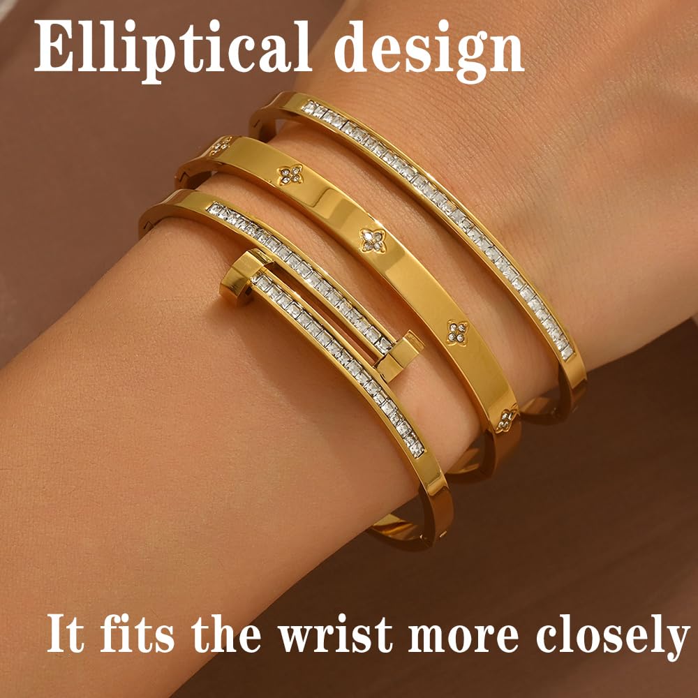 Xigocorsn Gold Bangles Bangle Bracelets Set for Women, genuine gold electroplating 3 Piece Elliptical Design with Cubic Zirconia Accents, 2.36 Inch Diameter, Waterproof Stainless Steel