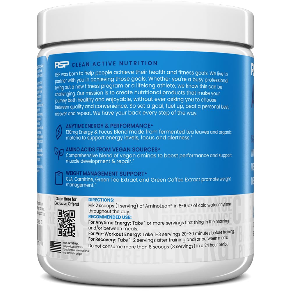 RSP NUTRITION AminoLean Pre Workout Powder, Amino Energy & Weight Management with Vegan BCAA Amino Acids, Natural Caffeine, Preworkout Boost for Men & Women, 30 Serv