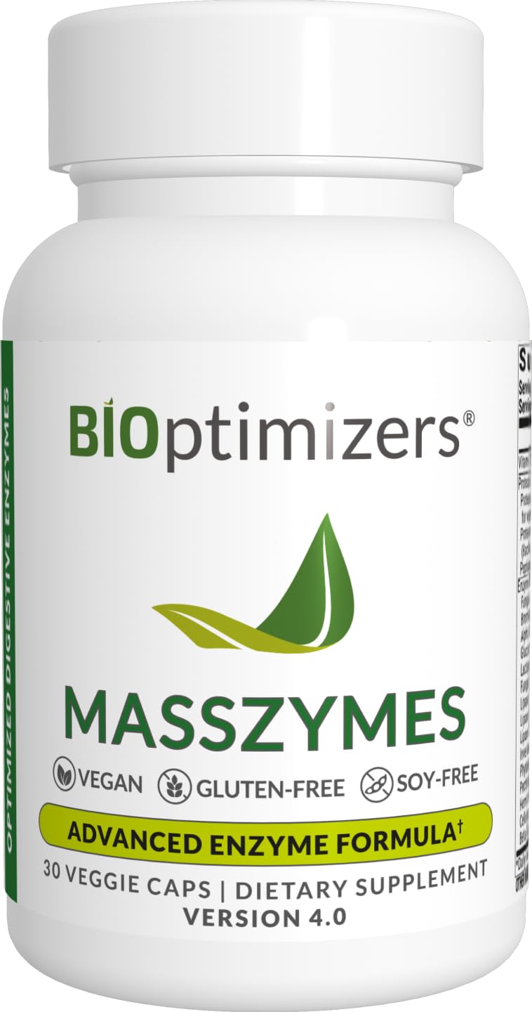 BIOptimizers MassZymes Digestive Enzymes Supplement – Max Nutrient Absorption, Boost Energy, Reduce Bloating – Health Vegan Dairy-Free – Muscle Recovery, Gut Health & Clarity - 100,000 Units 30 Caps