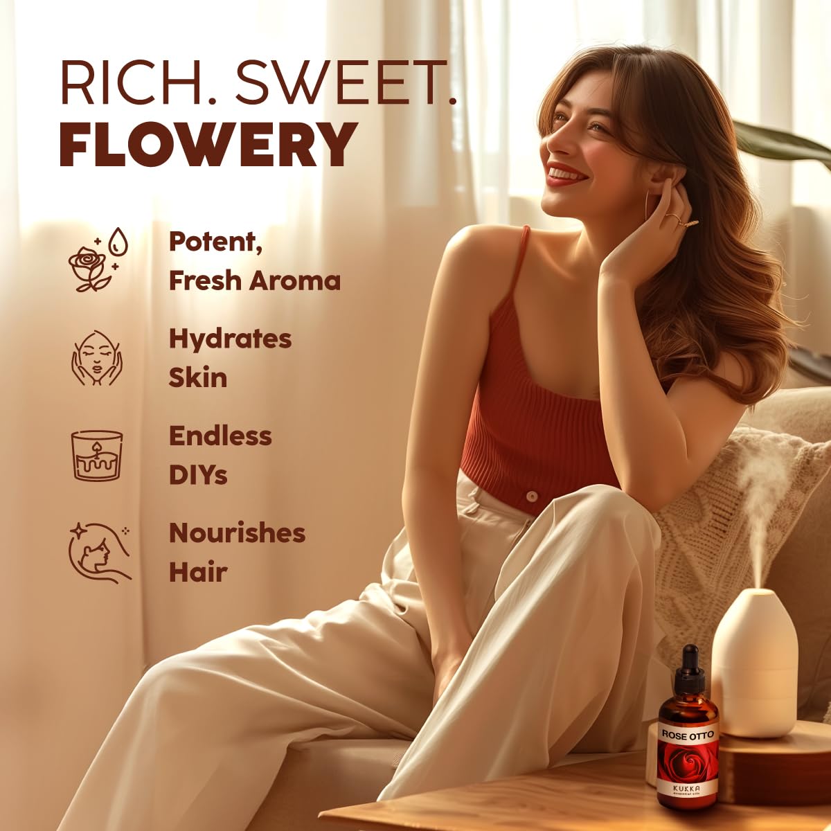 KUKKA Rose Otto Essential Oil for a Calming Retreat Promotes Smooth-Looking Skin with Rose Oil Essential Oil - 4 Fl Oz - Authentic Scent - Non-GMO and Cruelty-Free