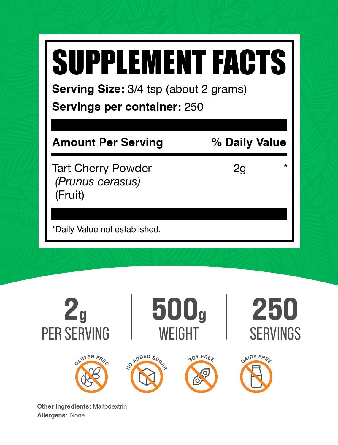 BulkSupplements.com Tart Cherry Powder - Fruit Powder, Tart Cherry Supplements - Antioxidant Source, Gluten Free & No Added Sugar, 2g per Serving, 500g (1.1 lbs) (Pack of 1)