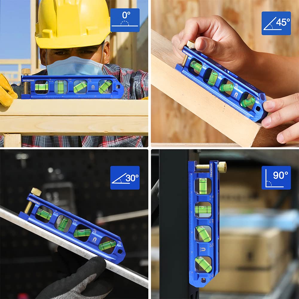WORKPRO Magnetic Torpedo Level, Conduit Bending Level, Bubble Vials for 0°/90°/30°/45° Measurements, Aluminum Alloy Construction, 6.3-inch, Cobalt Blue