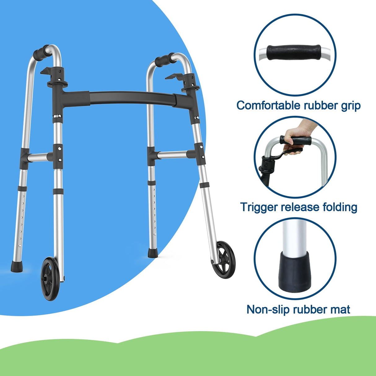 Loyoda Walkers for Seniors, FSA/HSA Eligible Folding Walker with Ski Glides 5'' Front Wheel Medical Lightweight Walker Height Adjustable Aluminum Standard Walker for Handicap and Adults (Silver)