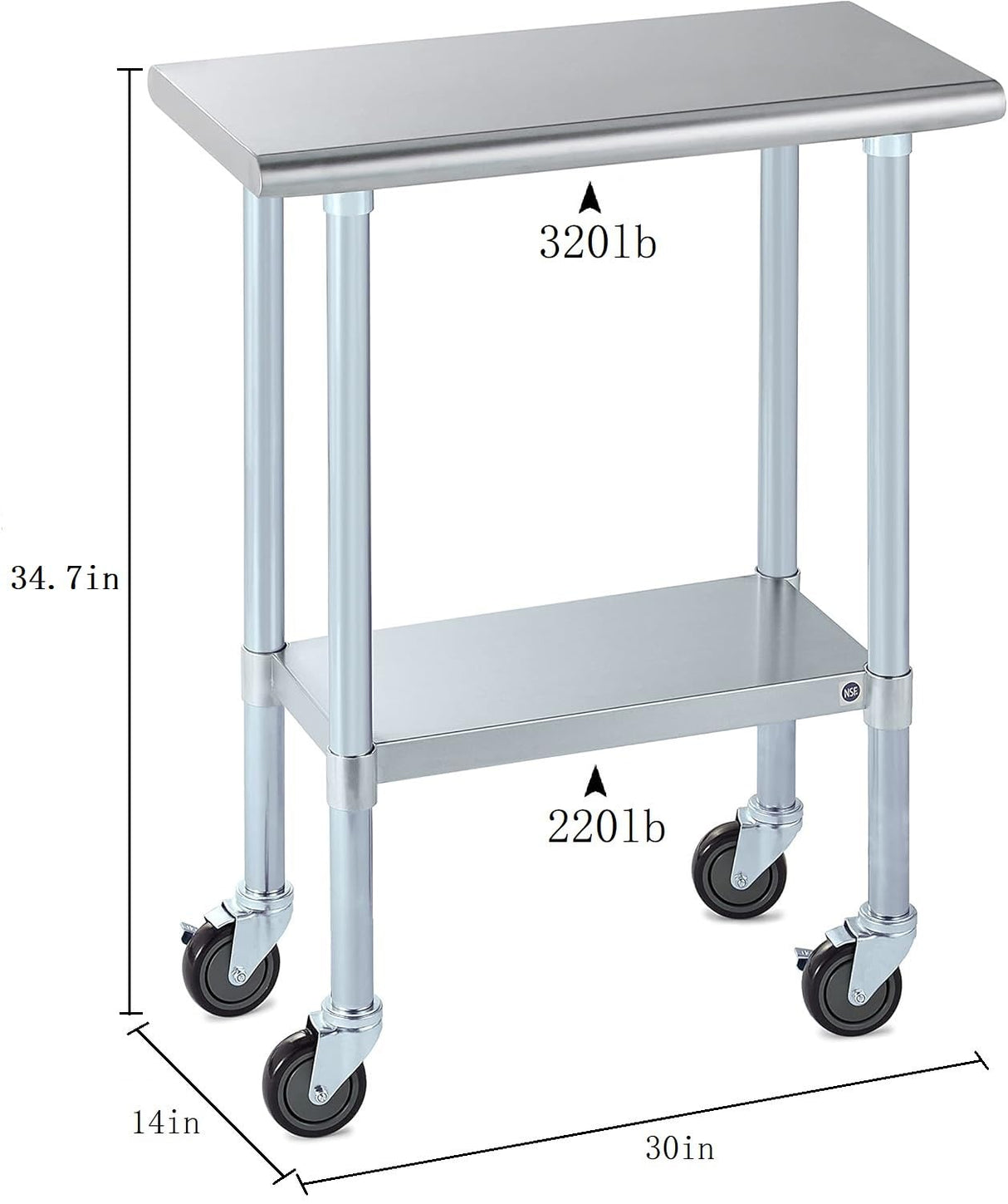 ROCKPOINT Stainless Steel Table for Prep & Work with Caster Wheels 14x30 Inches, NSF Metal Commercial Kitchen Heavy Duty Table with Adjustable Under Shelf and Table Foot for Restaurant, Home and Hotel