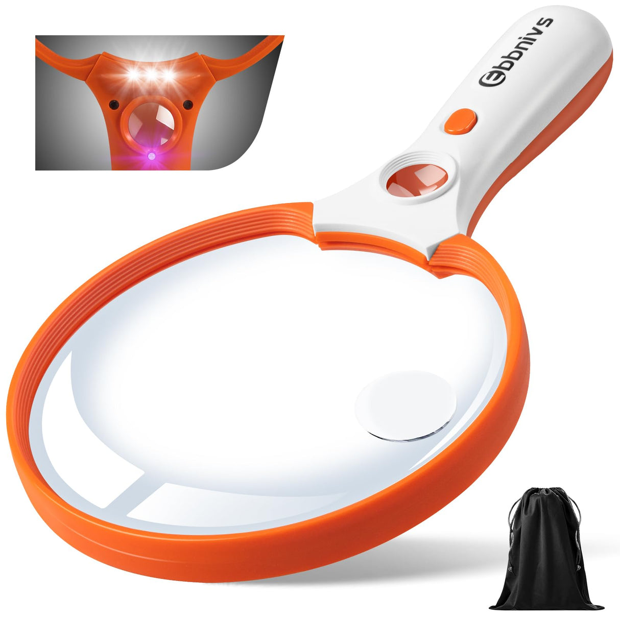Large Magnifying Glass with Light, Magnifier 10X 20X 45X Handheld Illuminated Lighted Magnifier with 3 LED Lights 1UV Light Storage Bag Clean Cloth for Seniors Reading Inspection (Orange)