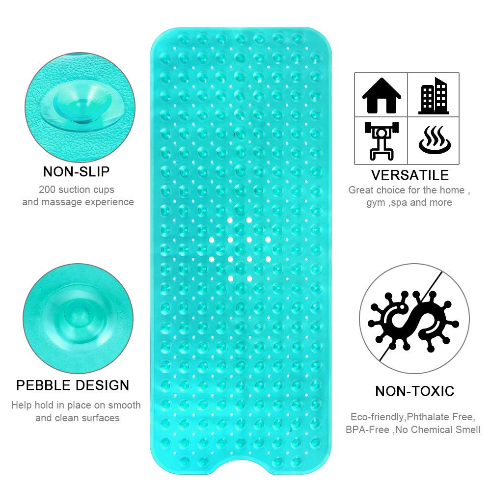 YINENN Bath and Shower Safety Mats 40x16 inch, Non Slip with Suction Cups for Bathroom Stall and Tub Floor, Extra Large and Machine Washable, Drain Holes Keep Bathtub Clean, Green
