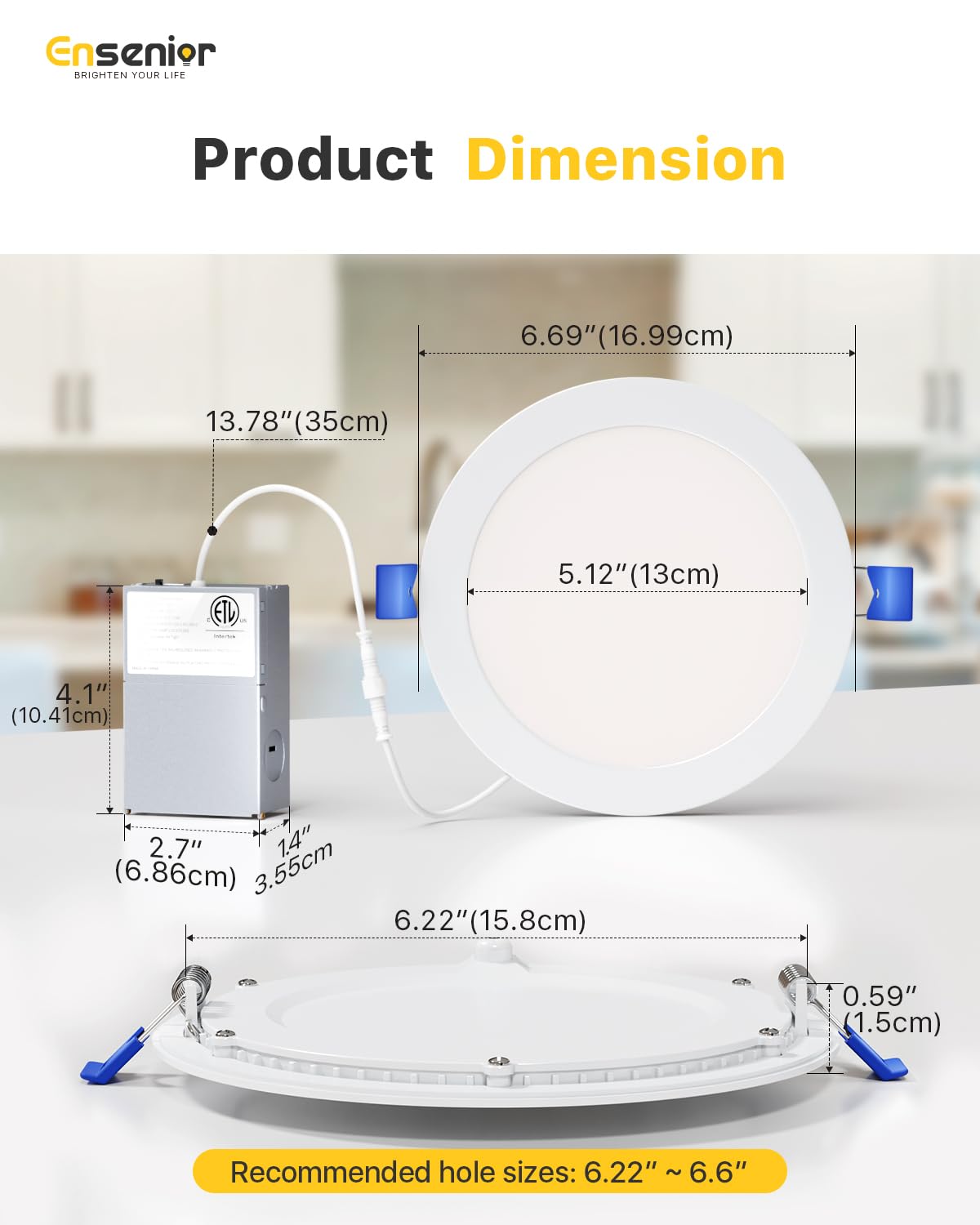 Ensenior 12 Pack 6 Inch LED Recessed Light, Dimmable, 5000K Daylight, 1200LM High Brightness, 12W 120V, Damp Rated, ERL-12X-ETL, Ultra-Thin Canless Wafer Light - ETL & FCC & IC