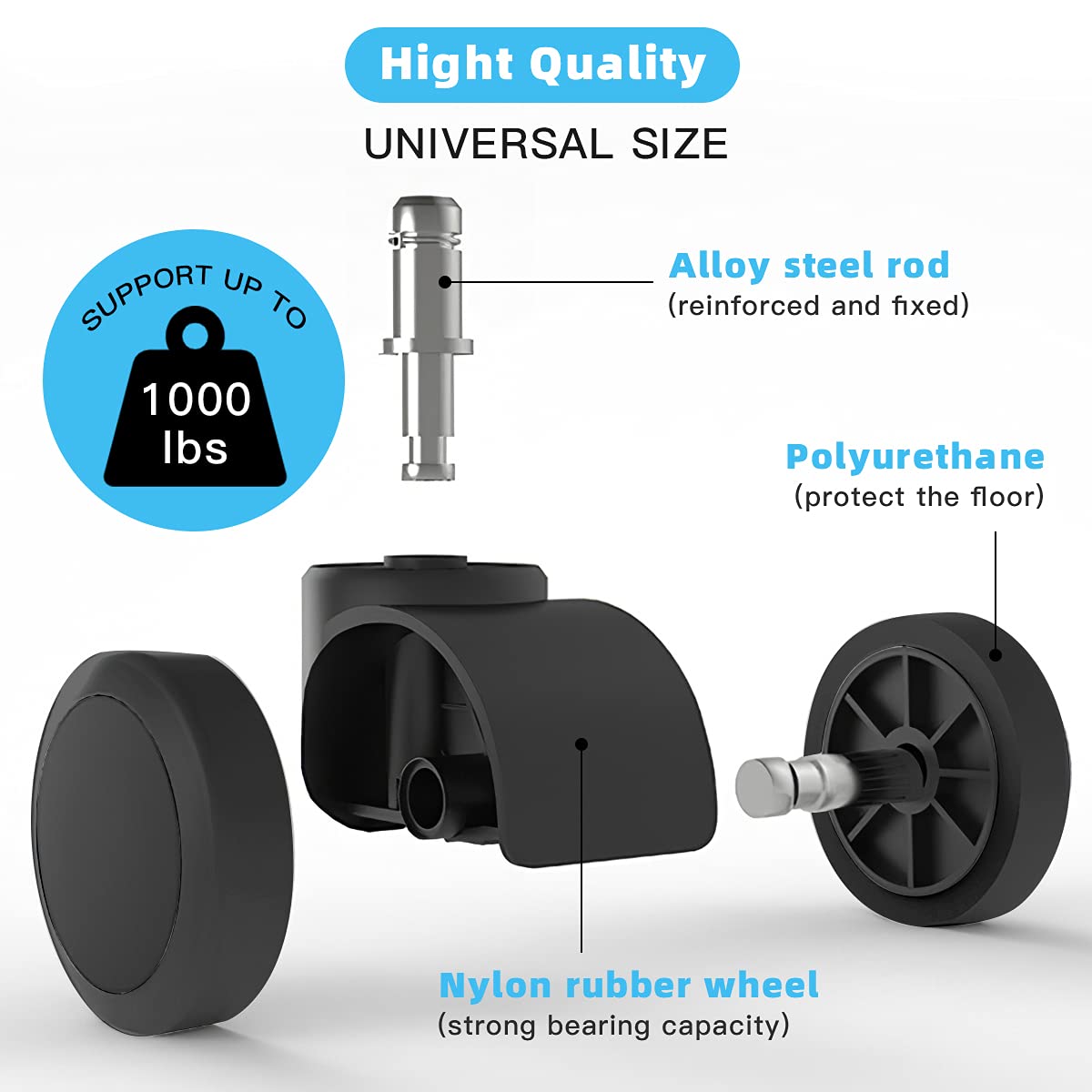 Office Chair Caster Wheels Replacement(Set of 5) for Hardwood Floors and Carpet- Heavy Duty Caster Support up to 1000bls, Office Chair Wheels,2 inch,Universal Size (Black)