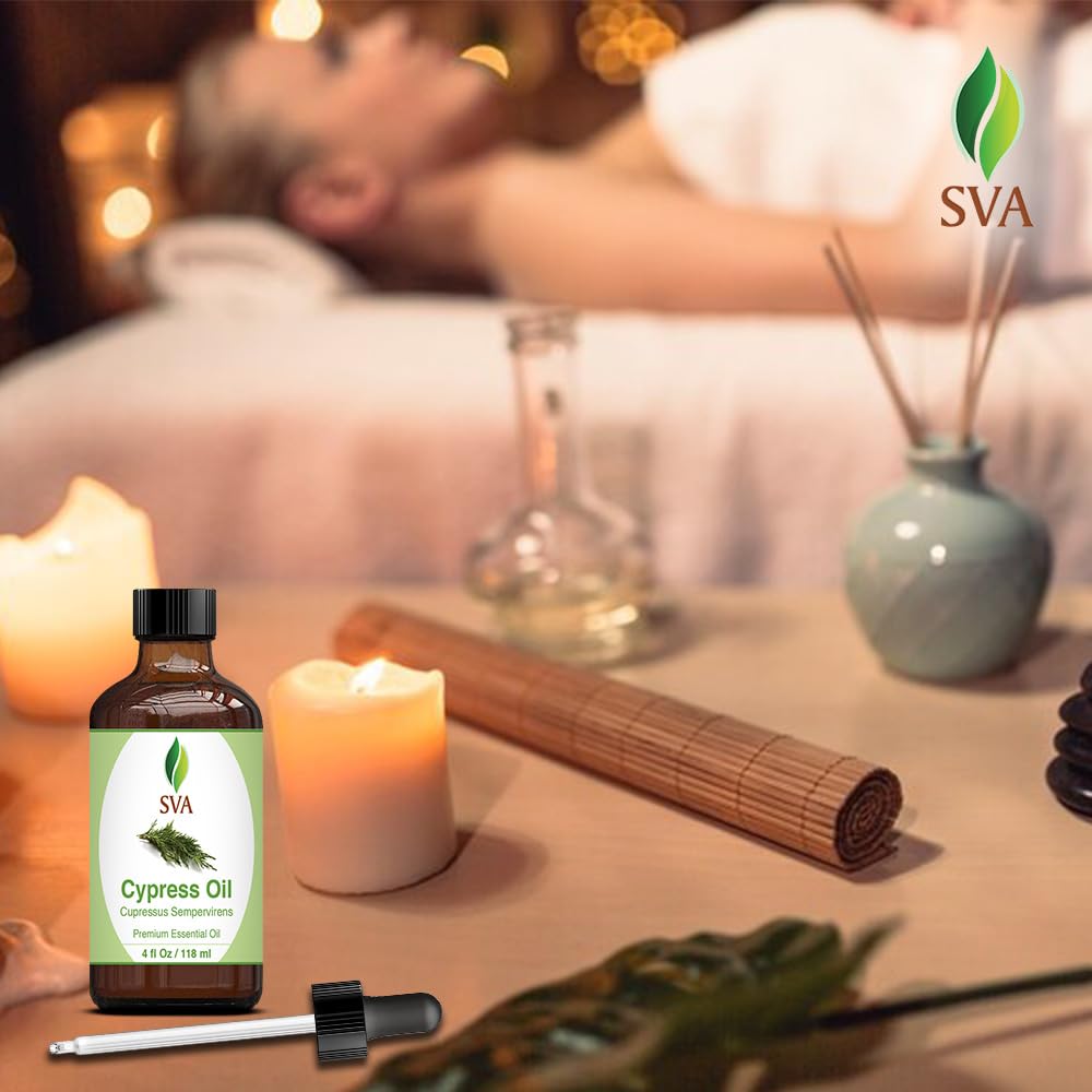 SVA Cypress Essential Oil – 4 Fl Oz – 100% Natural Cypress Oil - for Diffuser, Hair Care, Face, Skin Care, Aromatherapy, Scalp and Body Massage, Soap and Candle Making – with Dropper